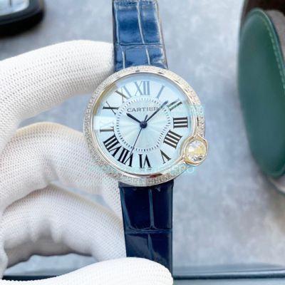 Replica Cartier Ballon Blanc de White Dial Diamond Bezel Blue Leather Strap Watch 36mm